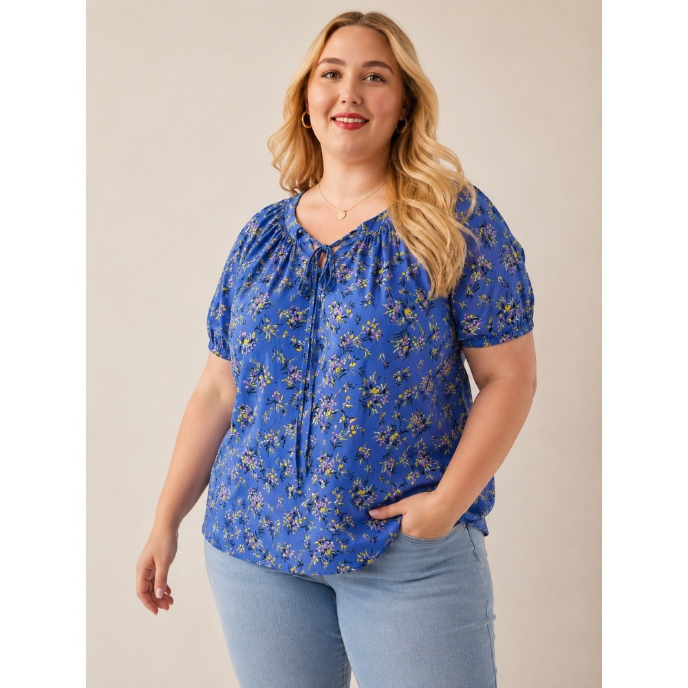 NWT Daniel Rainn Blue Floral Tie Neck Cotton Blouse‎ XL Short Sleeve Cottagecore